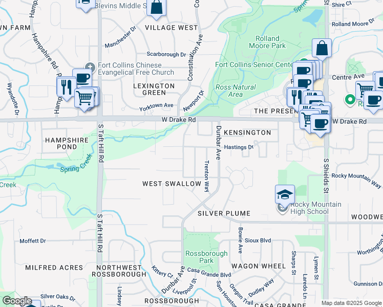 map of restaurants, bars, coffee shops, grocery stores, and more near 2700 Hanover Drive in Fort Collins