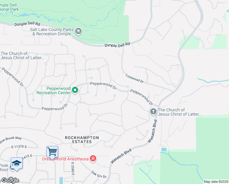 map of restaurants, bars, coffee shops, grocery stores, and more near 6 Old Oak Lane in Sandy
