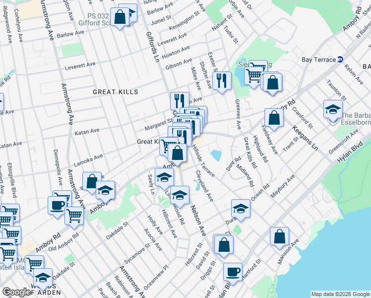 map of restaurants, bars, coffee shops, grocery stores, and more near 3936 Amboy Road in Staten Island