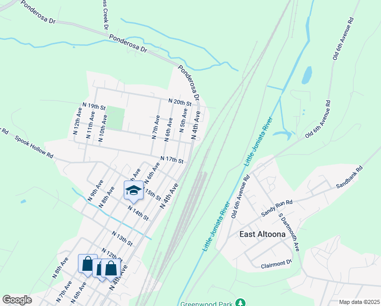 map of restaurants, bars, coffee shops, grocery stores, and more near 410 N 18th St in Altoona