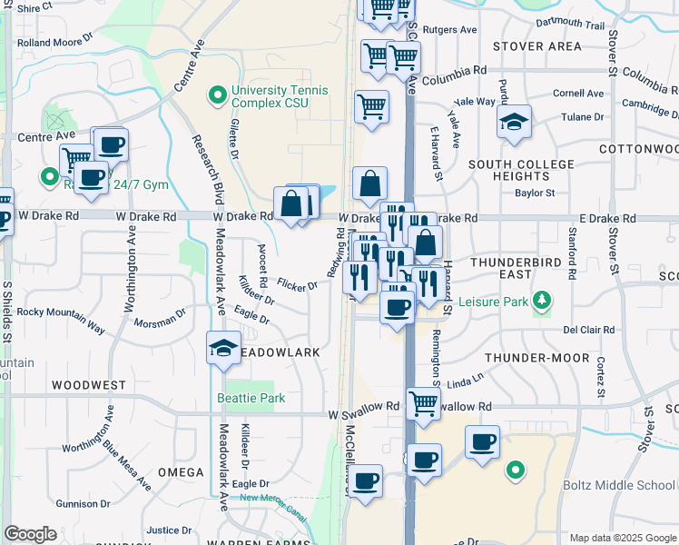 map of restaurants, bars, coffee shops, grocery stores, and more near 2625 Redwing Road in Fort Collins