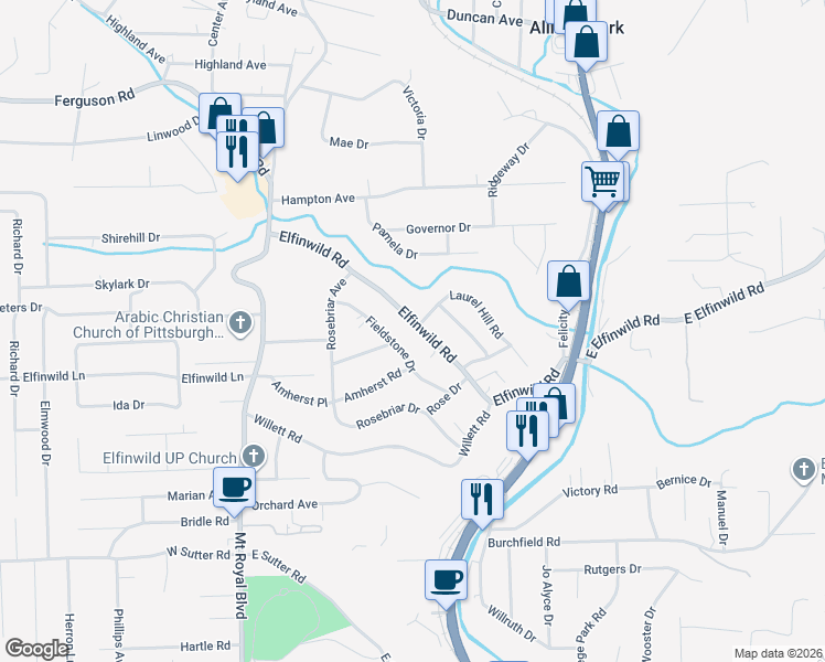 map of restaurants, bars, coffee shops, grocery stores, and more near 200 Laurel Hill Road in Allegheny County