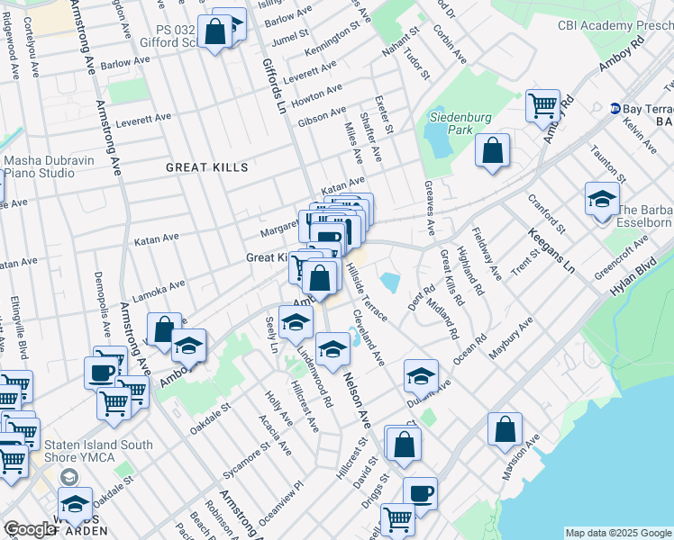 map of restaurants, bars, coffee shops, grocery stores, and more near 3936 Amboy Road in Staten Island