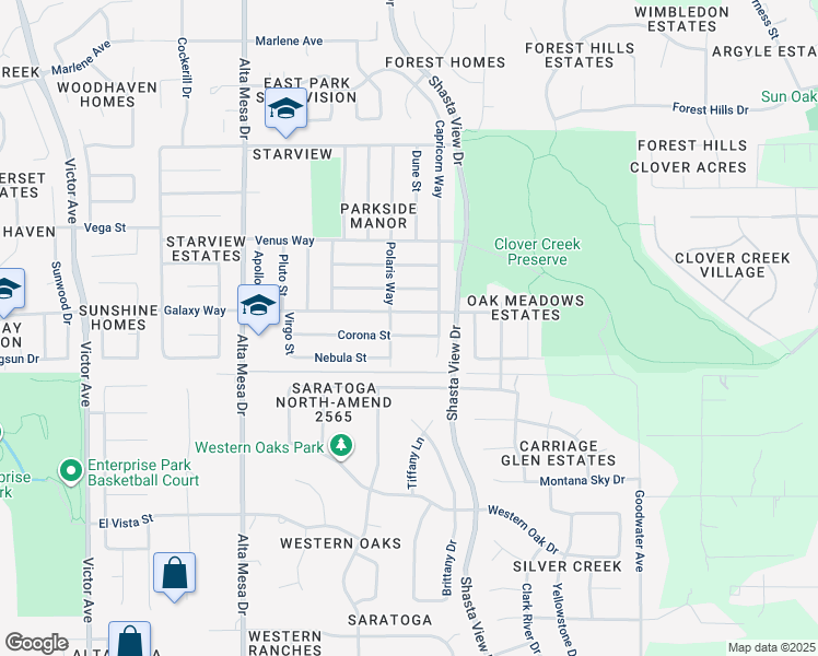 map of restaurants, bars, coffee shops, grocery stores, and more near 2530 Corona Street in Redding