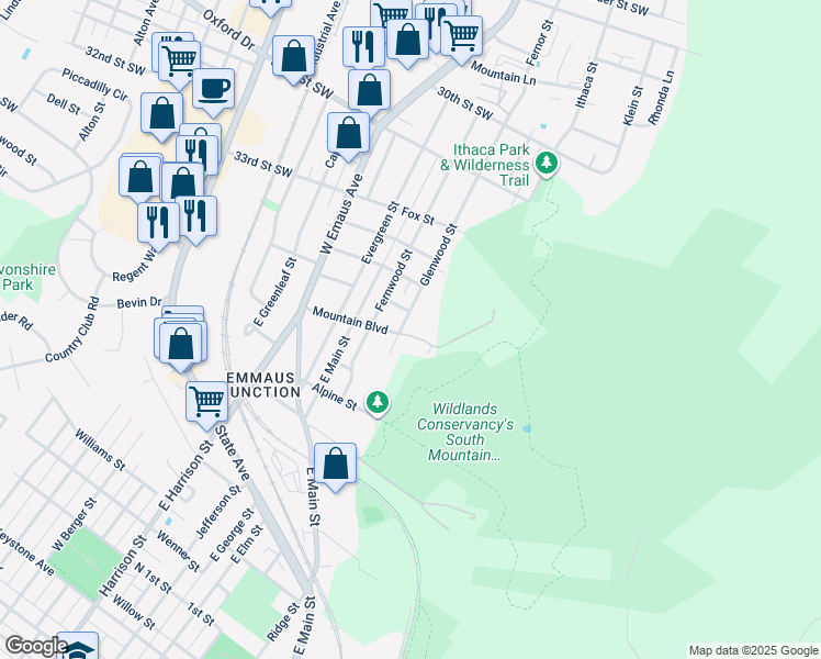map of restaurants, bars, coffee shops, grocery stores, and more near 608 Glenwood Street in Emmaus