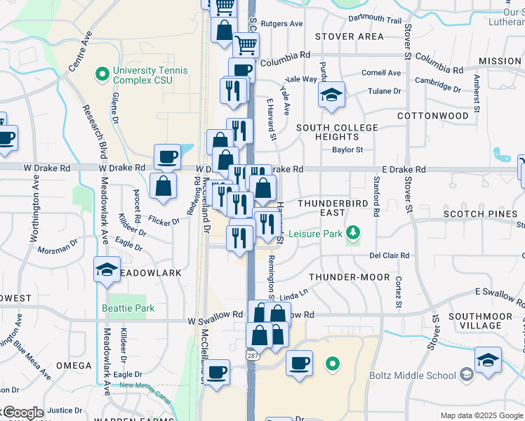 map of restaurants, bars, coffee shops, grocery stores, and more near 100-198 E Thunderbird Dr in Fort Collins