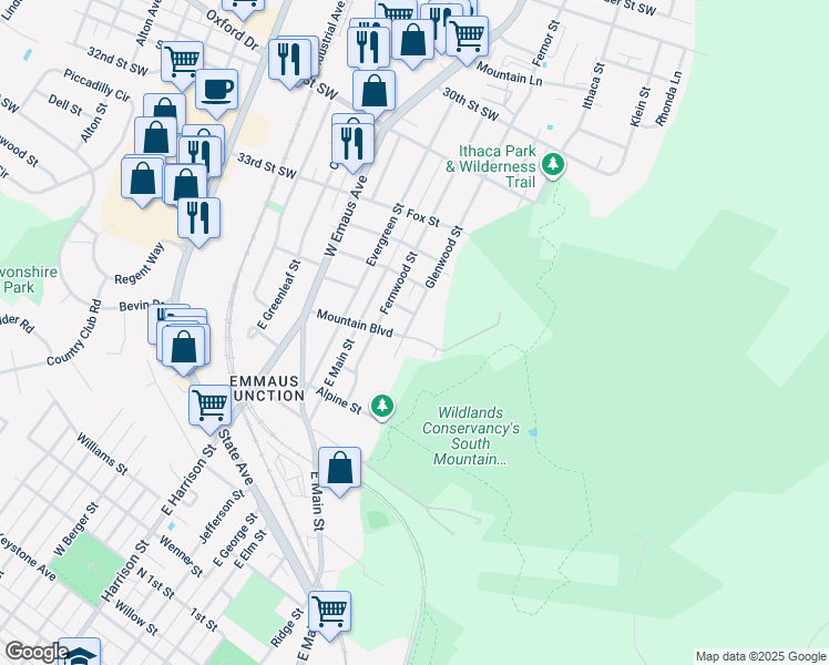 map of restaurants, bars, coffee shops, grocery stores, and more near 608 Glenwood Street in Emmaus