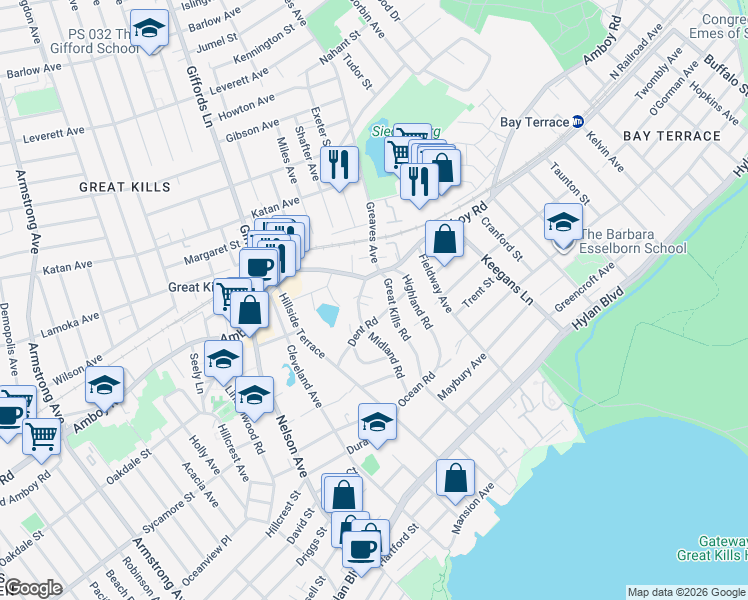 map of restaurants, bars, coffee shops, grocery stores, and more near 116 Great Kills Road in Staten Island