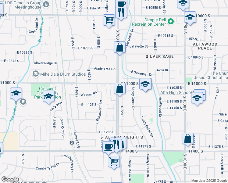 map of restaurants, bars, coffee shops, grocery stores, and more near 11035 South Grapevine Cove in Sandy