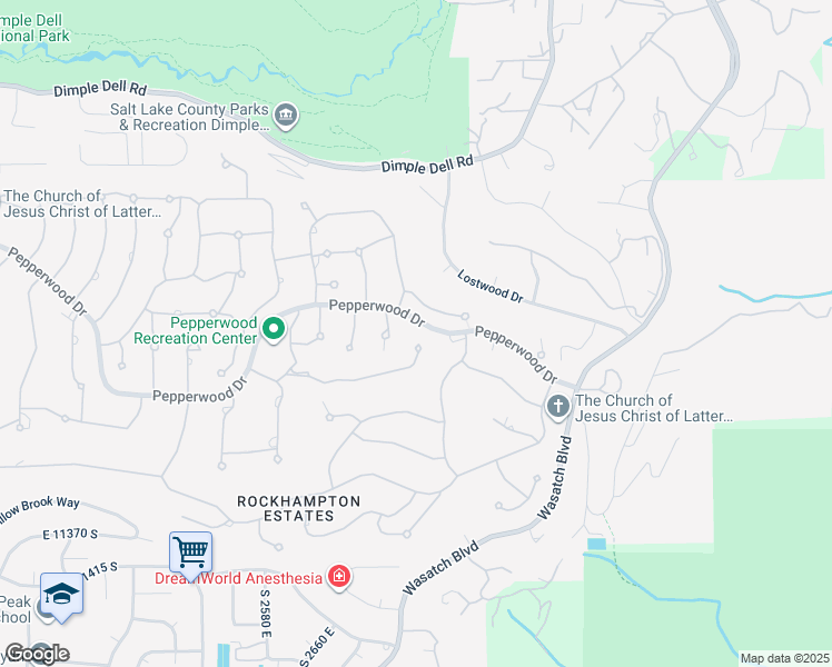 map of restaurants, bars, coffee shops, grocery stores, and more near 13 East Windsong Lane in Sandy