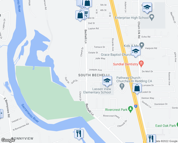 map of restaurants, bars, coffee shops, grocery stores, and more near 3807 Loustalot Way in Redding
