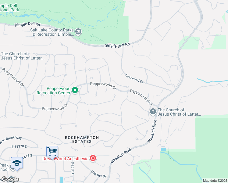 map of restaurants, bars, coffee shops, grocery stores, and more near 6 Old Oak Lane in Sandy