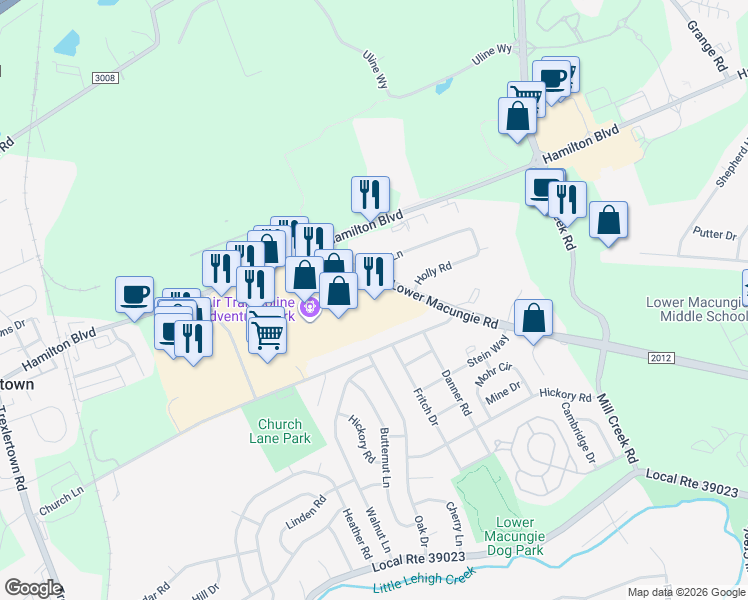 map of restaurants, bars, coffee shops, grocery stores, and more near 6900 Hamilton Boulevard in Trexlertown