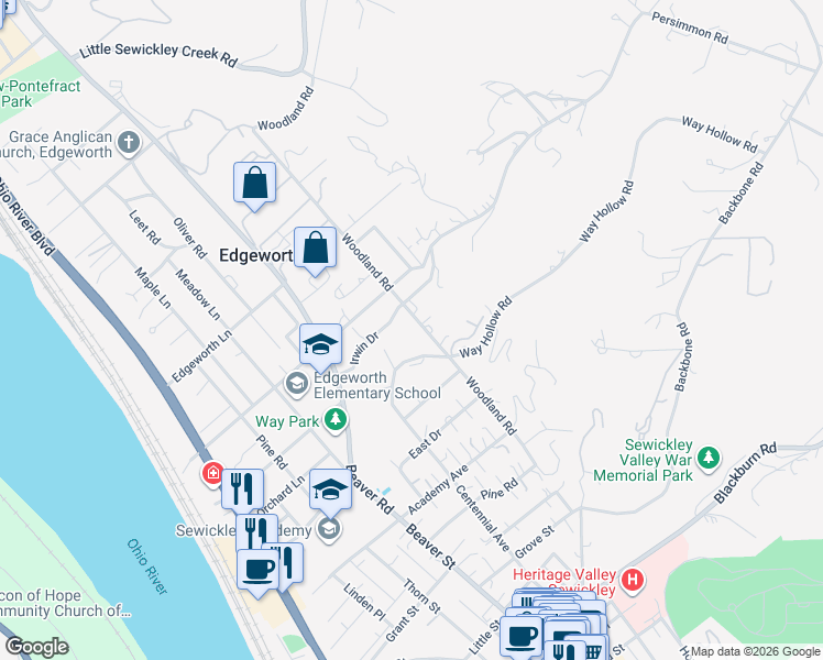 map of restaurants, bars, coffee shops, grocery stores, and more near 538 Irwin Drive in Sewickley