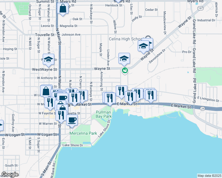 map of restaurants, bars, coffee shops, grocery stores, and more near 517 East Fulton Street in Celina