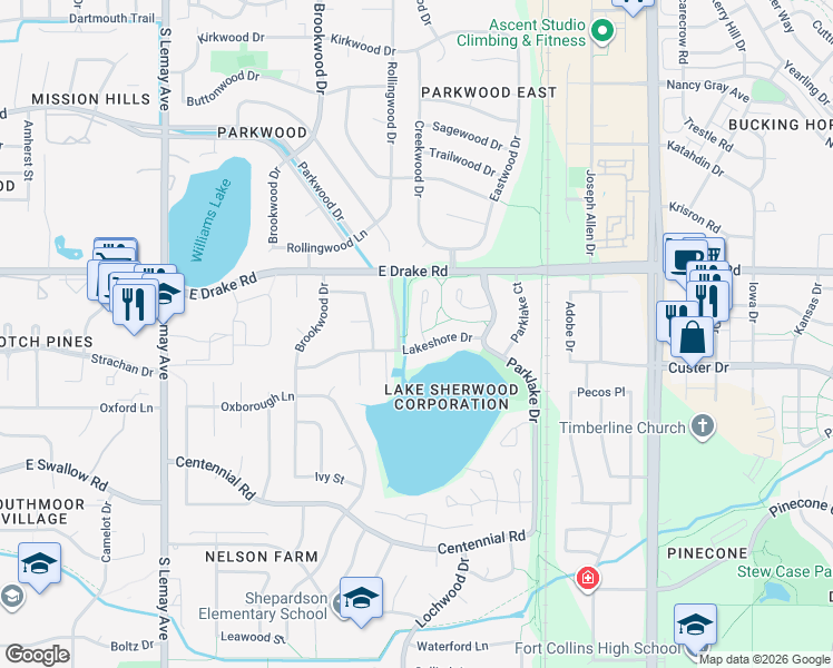 map of restaurants, bars, coffee shops, grocery stores, and more near 2642 Shadow Court in Fort Collins