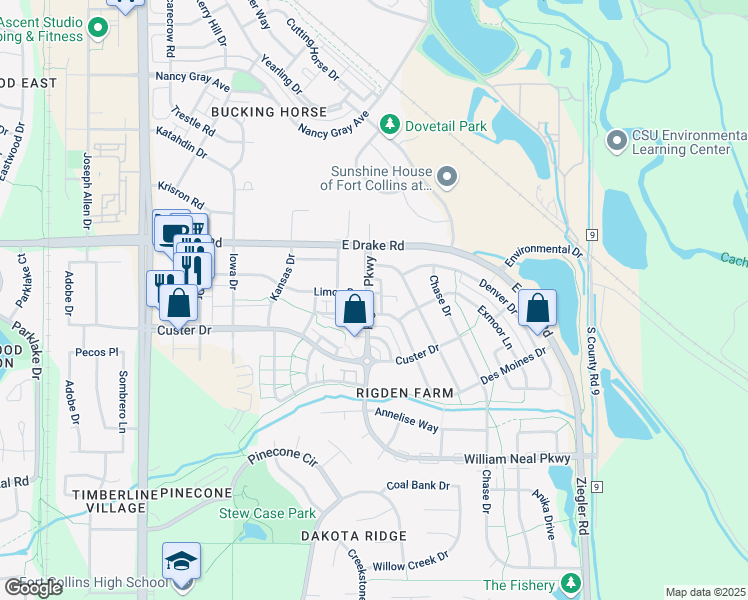 map of restaurants, bars, coffee shops, grocery stores, and more near 2557 Limon Drive in Fort Collins