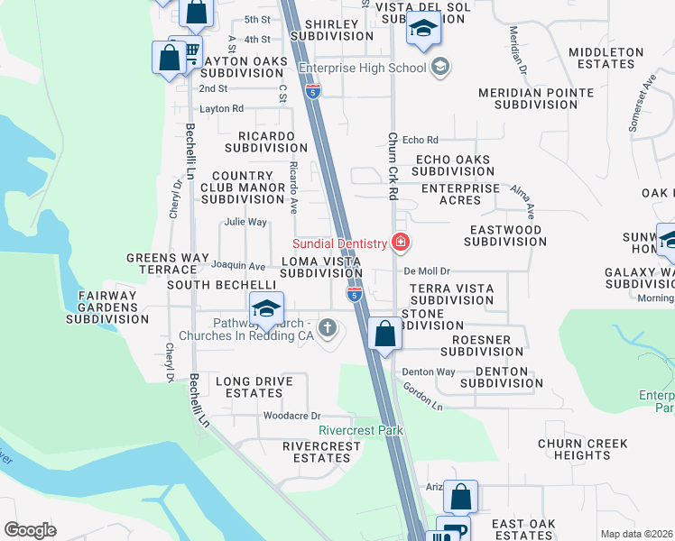 map of restaurants, bars, coffee shops, grocery stores, and more near 3901 El Portal Drive in Redding