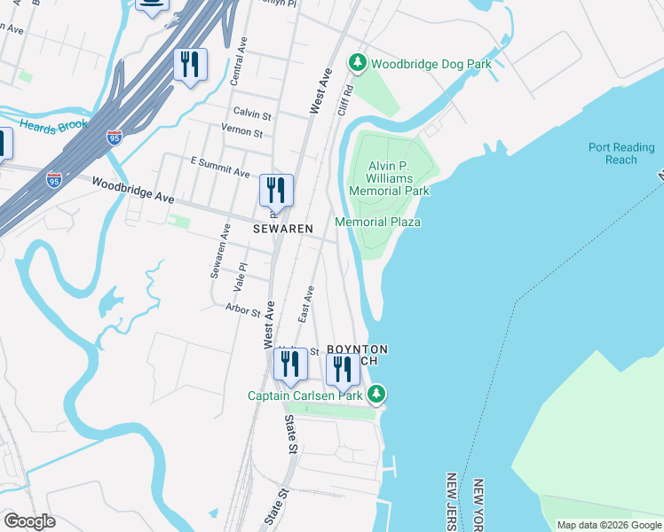 map of restaurants, bars, coffee shops, grocery stores, and more near 486 Cliff Road in Woodbridge Township