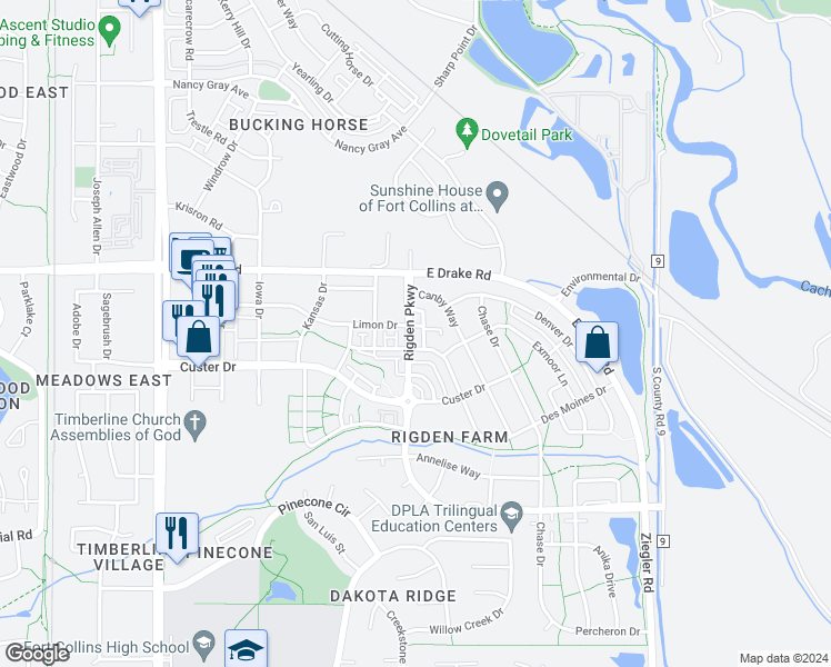 map of restaurants, bars, coffee shops, grocery stores, and more near 2557 Limon Drive in Fort Collins