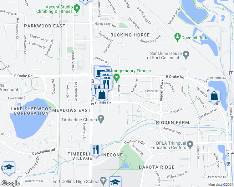 map of restaurants, bars, coffee shops, grocery stores, and more near 2707 Iowa Drive in Fort Collins