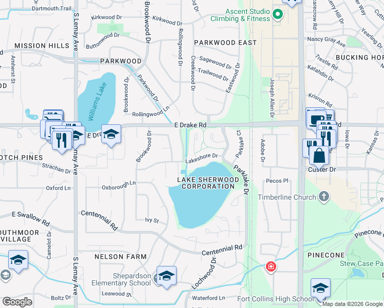 map of restaurants, bars, coffee shops, grocery stores, and more near 2642 Shadow Court in Fort Collins