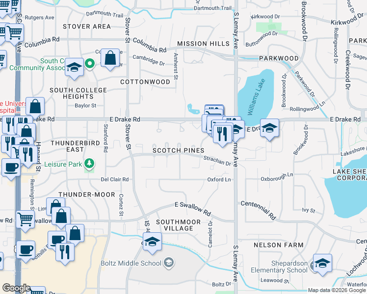 map of restaurants, bars, coffee shops, grocery stores, and more near in Fort Collins
