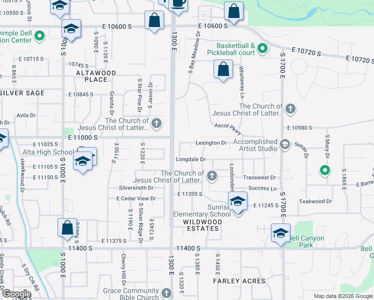 map of restaurants, bars, coffee shops, grocery stores, and more near 11034 Lamasa Circle in Sandy