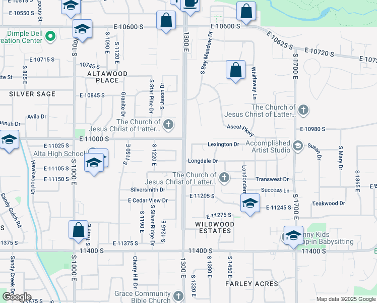 map of restaurants, bars, coffee shops, grocery stores, and more near 11037 South Eden Drive in Sandy