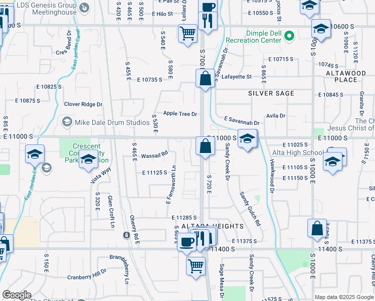 map of restaurants, bars, coffee shops, grocery stores, and more near 11052 S Grapevine Cove in Sandy