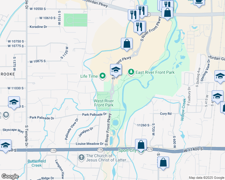map of restaurants, bars, coffee shops, grocery stores, and more near 10997 South River Front Parkway in South Jordan