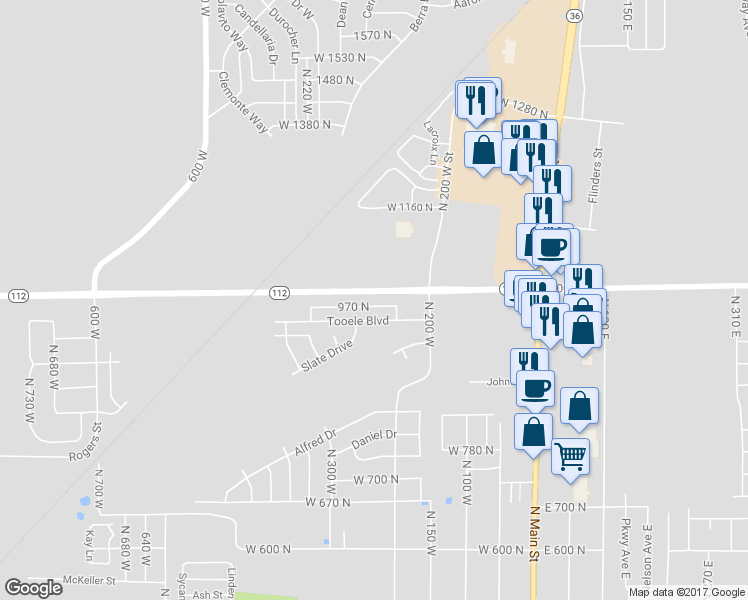 map of restaurants, bars, coffee shops, grocery stores, and more near 232 W 970 N in Tooele