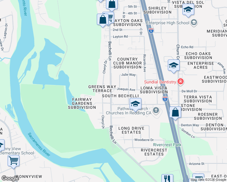 map of restaurants, bars, coffee shops, grocery stores, and more near 3717-3799 Bechelli Lane in Redding