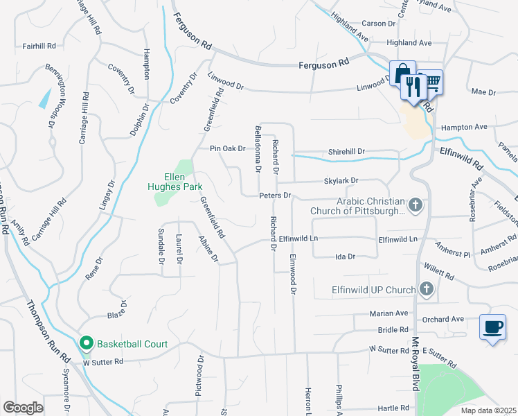 map of restaurants, bars, coffee shops, grocery stores, and more near 301 Peters Drive in Glenshaw