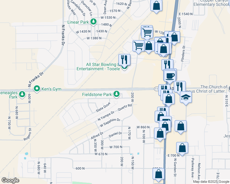 map of restaurants, bars, coffee shops, grocery stores, and more near 232 W 970 N in Tooele