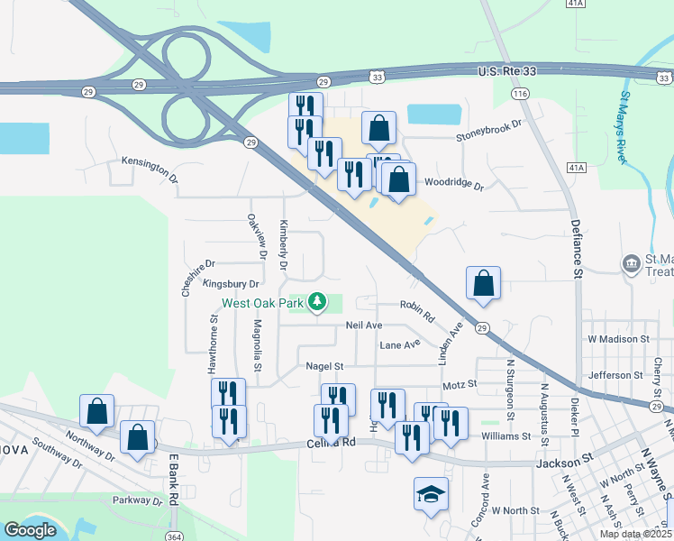 map of restaurants, bars, coffee shops, grocery stores, and more near 1418 Oakland Court in Saint Marys