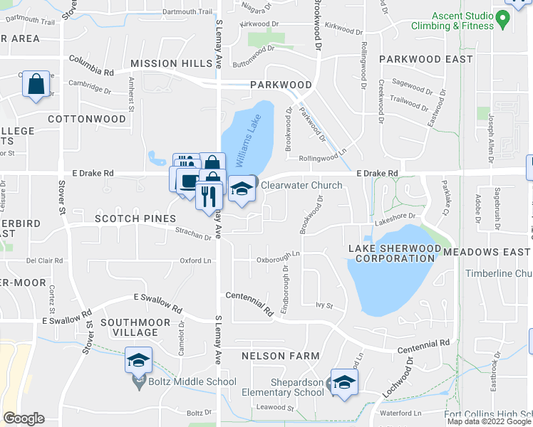 map of restaurants, bars, coffee shops, grocery stores, and more near 2727 Bluebonnet Lane in Fort Collins