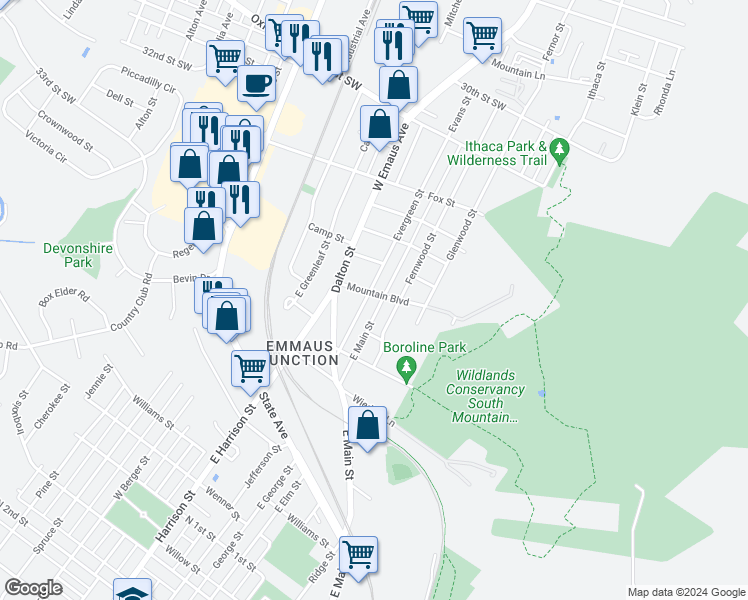 map of restaurants, bars, coffee shops, grocery stores, and more near 606 Evergreen Street in Emmaus