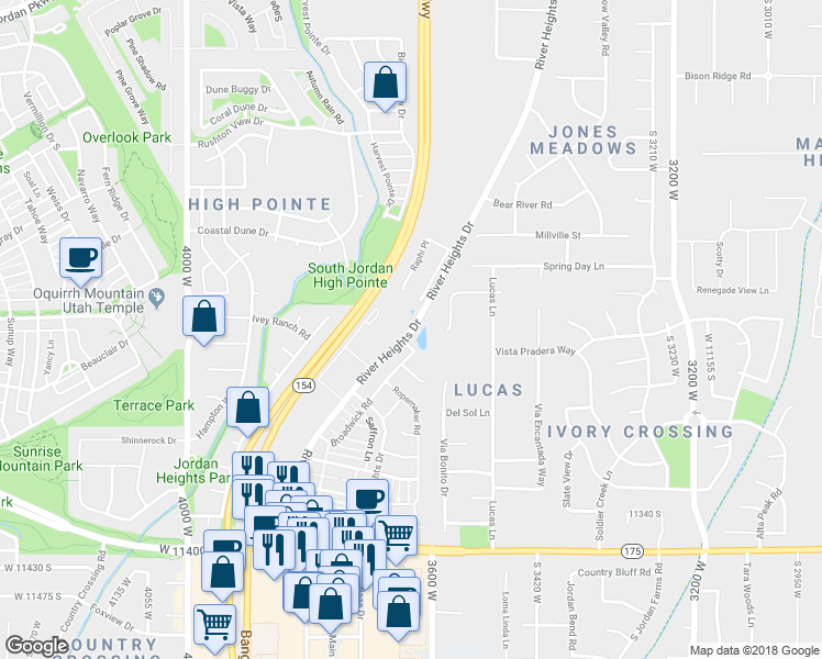 map of restaurants, bars, coffee shops, grocery stores, and more near 11030 River Heights Drive in South Jordan
