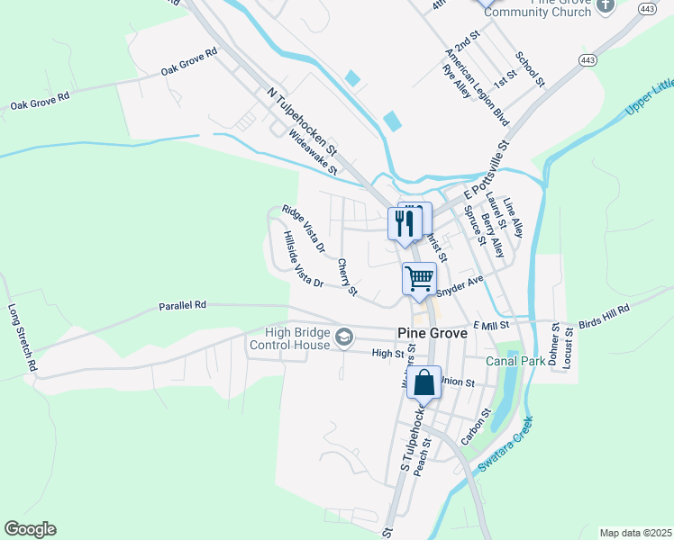 map of restaurants, bars, coffee shops, grocery stores, and more near 100 Cherry Street in Pine Grove