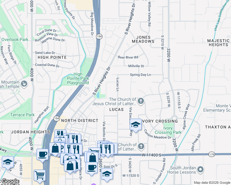 map of restaurants, bars, coffee shops, grocery stores, and more near 11010 Lucas Lane in South Jordan