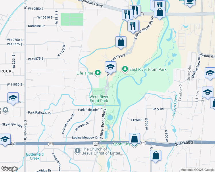 map of restaurants, bars, coffee shops, grocery stores, and more near South River Front Parkway in South Jordan
