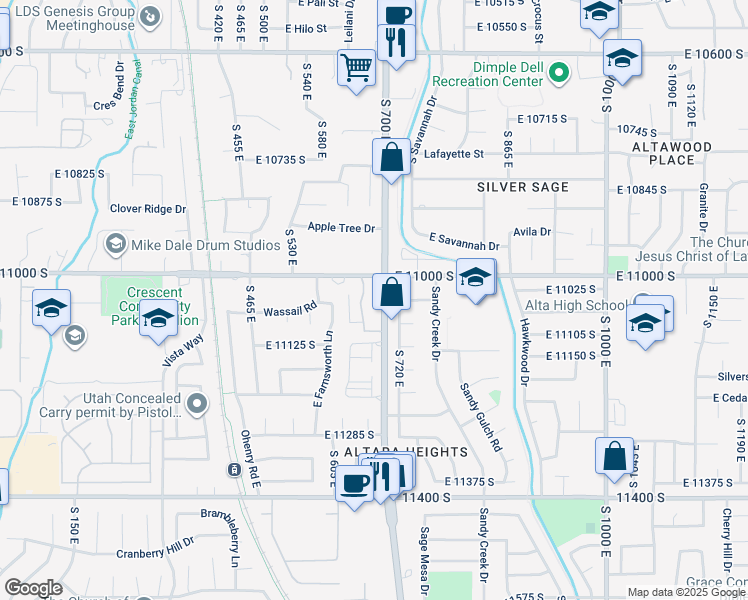 map of restaurants, bars, coffee shops, grocery stores, and more near 11035 South Grapevine Cove in Sandy