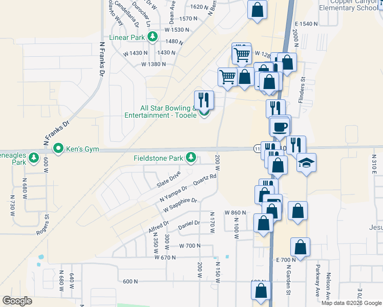 map of restaurants, bars, coffee shops, grocery stores, and more near 222 970 North in Tooele