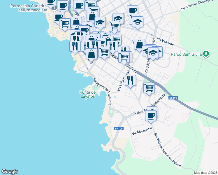 map of restaurants, bars, coffee shops, grocery stores, and more near 6 Via Banyoles in Alghero