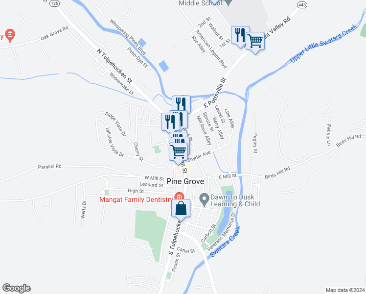 map of restaurants, bars, coffee shops, grocery stores, and more near 91 South Tulpehocken Street in Pine Grove