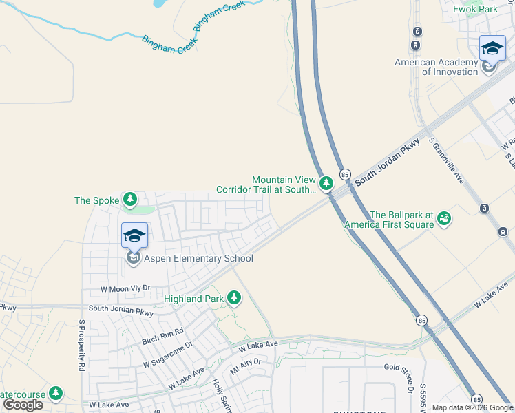map of restaurants, bars, coffee shops, grocery stores, and more near Mountain View Corridor Trail in South Jordan