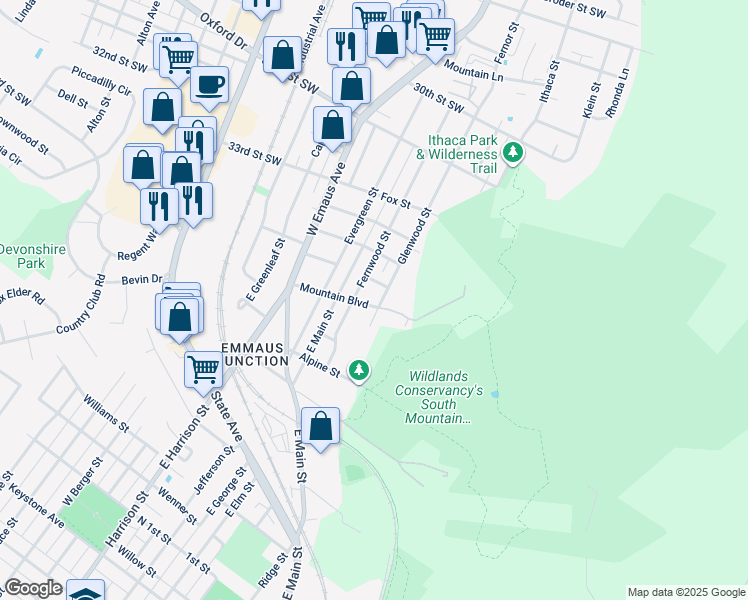 map of restaurants, bars, coffee shops, grocery stores, and more near 603 Glenwood Street in Emmaus