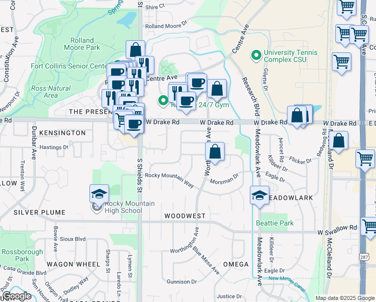 map of restaurants, bars, coffee shops, grocery stores, and more near 819 Winchester Drive in Fort Collins