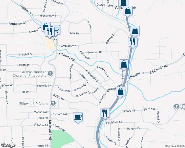 map of restaurants, bars, coffee shops, grocery stores, and more near 200 Laurel Hill Road in Allegheny County